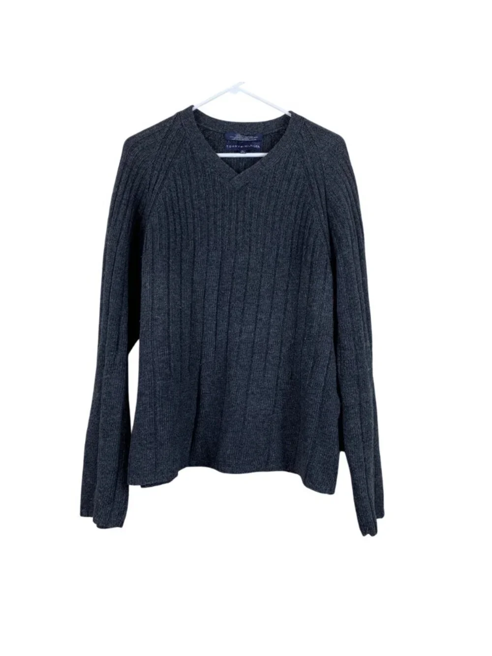 VTG Y2K Tommy Hilfiger Sweater Mens XL Grey Lambswool V Neck Preppy 00s